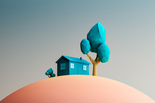 Miniature house with trees on a colorful hill in a small world