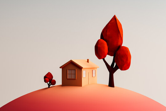 Miniature house surrounded by stylized trees in a serene landscape