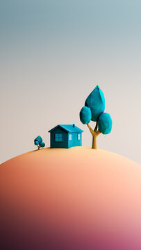 Miniature house with trees on a colorful hill in a small world