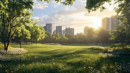 Obraz premium The city park features a picturesque green glade with lush green grass and trees. Evergold. Illustration