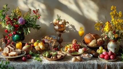 Elegant easter feast table with decorated eggs and fresh florals