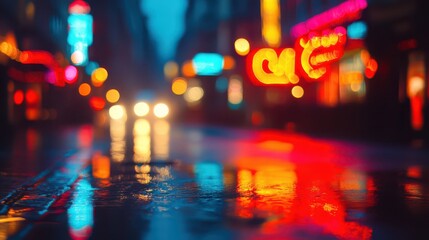 Vibrant neon city lights at night reflecting on wet urban streets