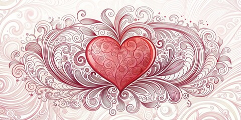 A delicate, hand-drawn illustration of a single red heart surrounded by intricate, swirling patterns in shades of pink and purple, on a soft white background , valentine, illustration