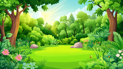 Vibrant summer forest scene featuring lush trees and green grass in a glade a 2d cartoon illustration showcases a wooded area with plants bushes stones and sunlight. Evergold. Illustration