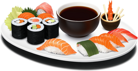 Ocean Delicacies. Fresh colorful sushi rolls salmon nigiri wasabi soy