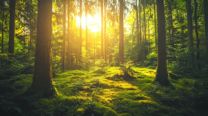 Obraz premium Vintage illustration of a magical glade in a dense forest with sunlight filtering through canopy, mosscovered ground. Evergold. Illustration
