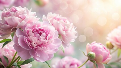 Obraz premium Delicate petals of fluffy pink peonies unfold against a soft focus background