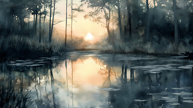 Watercolor painting of the everglade at dawn. Evergold. Illustration