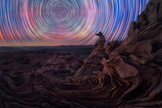 Star trail captured at night in Coyote Buttes South, Arizona