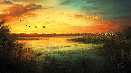 Fototapeta premium Wetland wonders: florida everglades beauty in a green landscape. Evergold. Illustration