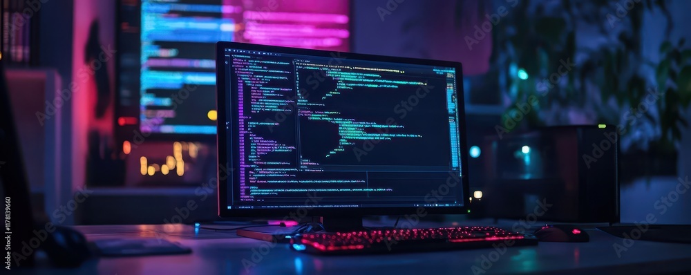 Fototapete modern workspace with dual monitors displaying colorful code in dark room
