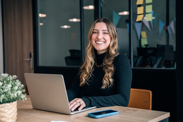 Smiling professional working on laptop in office