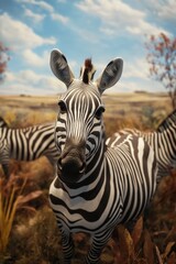 Naklejka premium A group of zebras enjoying the green grass and sunshine