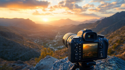 DSLR camera captures sunset over mountains.
