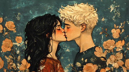 Young couple kissing each other. Evergold. Illustration