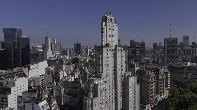 Drone rises up in front of Edificio Kavanagh in the afternoon in Buenos Aires, Argentina