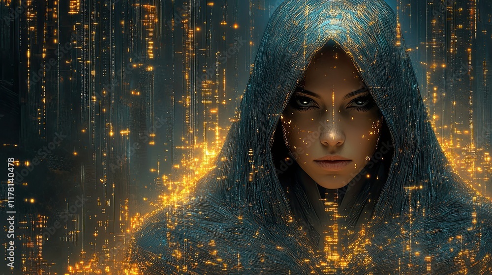 Poster mysterious figure in a dark cloak surrounded by glowing digital data in a futuristic setting