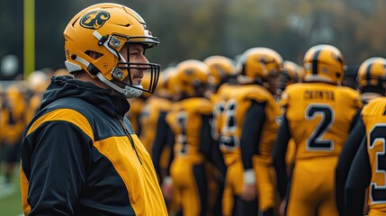 Coach observing lineup during football practice at a university facility in fall season