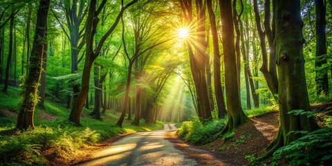 Obraz premium Sunlit Forest Path: Serene Nature Walkway, Lush Green Canopy, Mystical Woods, Hiking Trail, Woodland Scene