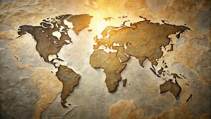 A serene stone background with an ethereal glow, world map