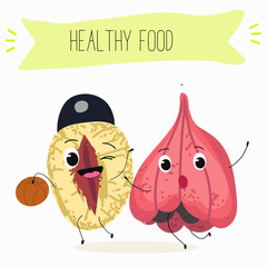 Ackee (Blighia sapida), or achee, medicinal plant, funny fruit cute cheerful characters. Vector hand drawn illistration.