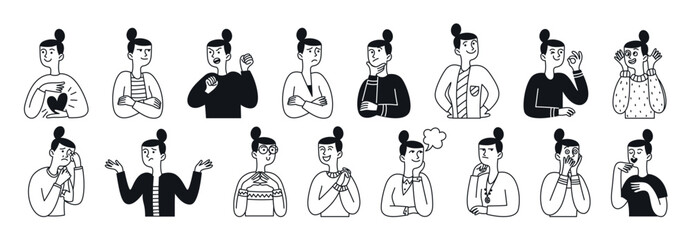 Big collection of drawings of facial expressions of women, people. Happy person, sad, shocked, scared, laughing etc. Outline, hand drawn sketch