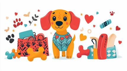 Naklejka premium Cute cartoon dog with toys and bags.