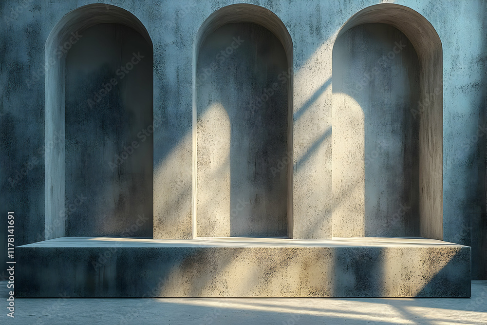 Poster minimalist concrete archway background with display podium