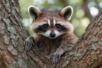 Fototapeta premium A raccoon perched in a tree, gazing directly at the viewer