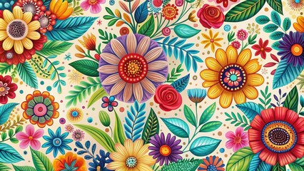 Colorful, whimsical floral patterns with intricate details and textures, set against a bright and airy background, hand drawn illustrations , colorful flowers
