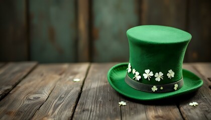 A Green Leprechaun Hat on a Wooden Table, ideal for St. Patricks Day celebrations