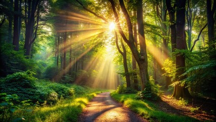 Fototapeta premium Sunlit Path Through Dark Forest - Mystical Woodland Scene