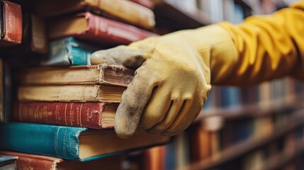 Hand reaching for an aged book on a shelf in a cozy library during afternoon light