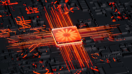 Microchip with neon connections showcasing advanced technology