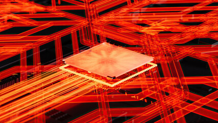 Microchip with neon connections showcasing advanced technology