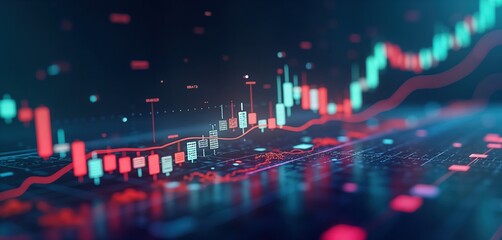 Obraz premium Digital display shows stock market forex trading data. Colorful candlestick chart, graph illustrate financial investment trends. Futuristic tech design concept. Abstract illustration reflects modern