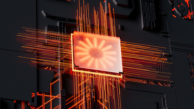 Microchip with neon connections showcasing advanced technology