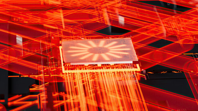 Microchip with neon connections showcasing advanced technology