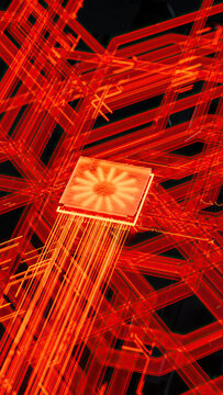 Microchip with neon connections showcasing advanced technology