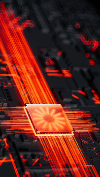 Microchip with neon connections showcasing advanced technology