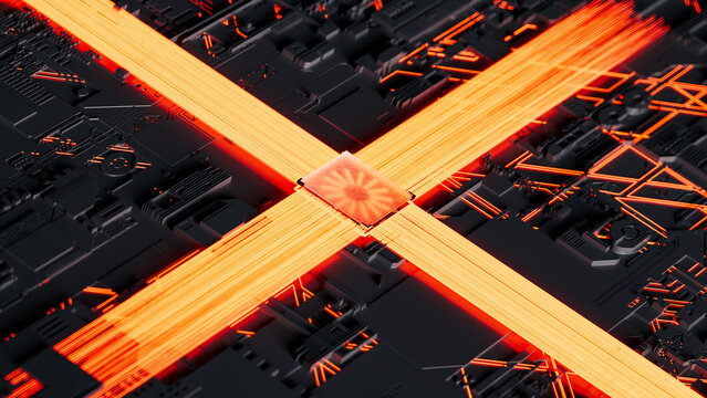 Microchip with neon connections showcasing advanced technology