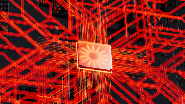 Microchip with neon connections showcasing advanced technology