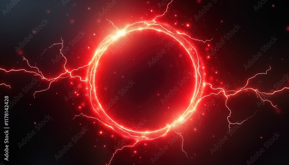 Poster Red abstract circle with swirling glow particles. Plasma lightning effect on black background. Powerful energy ring. Dynamic visual effect. Modern design. Ideal for tech gaming themes. Suitable for