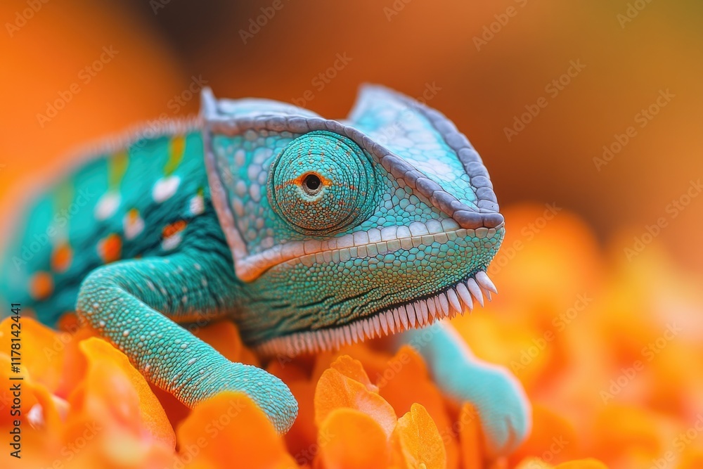 Poster a close-up view of a chameleon sitting on a flower, highlighting its unique features and colors