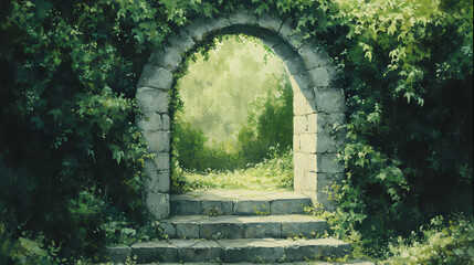 Stone archway leading into verdant forest a lush mystical entrance with ivycovered walls and stone steps the path beckons into the deep green shadows. Evergold. Illustration
