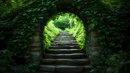 Stone archway leading into verdant forest a lush mystical entrance with ivycovered walls and stone steps the path beckons into the deep green shadows. Evergold. Illustration