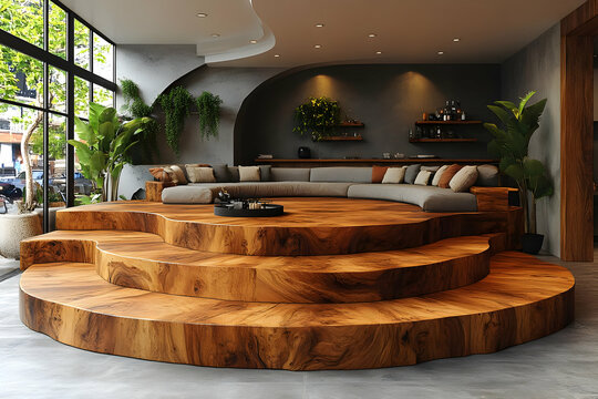 Modern Circular Lounge with Wooden Platform and Greenery