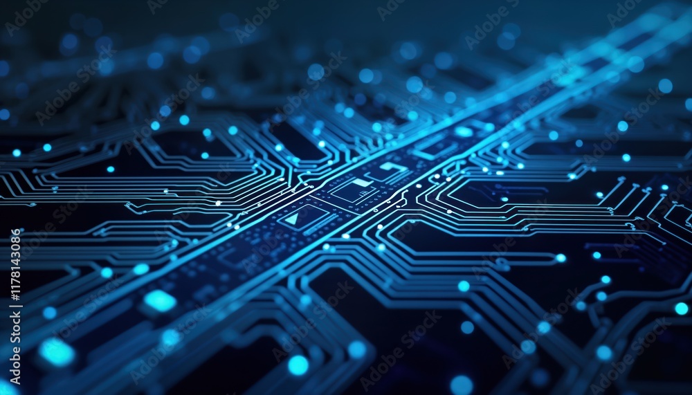 Poster Abstract view of complex tech circuit board. Blue glowing lines, components form intricate patterns. Modern tech design shows intricate electronic connections. Complex web of circuits create digital