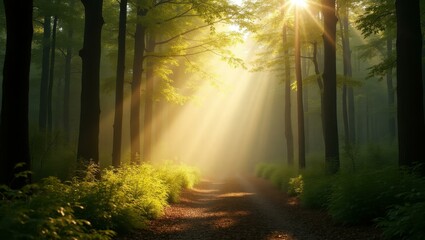 Fototapeta premium Forest bathing nature-based Nature positive Esg fintech Grow therapy Frequency healing EcoVadis Renogy Neoen Soft lingering rays of sunlight filtering through creating dreamlike atmosphere, Professio