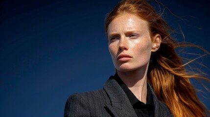 Portrait of a confident young woman with red hair blowing in the wind against a deep blue sky.